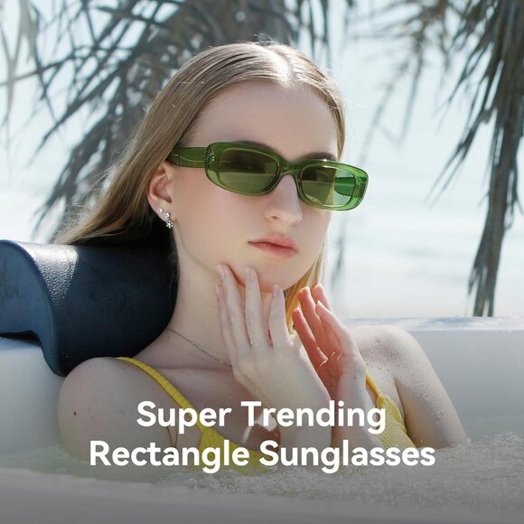 Trendy Rectangle Green Sunglasses Women Men Retro Square Fashion Shades - Picture 2 of 5